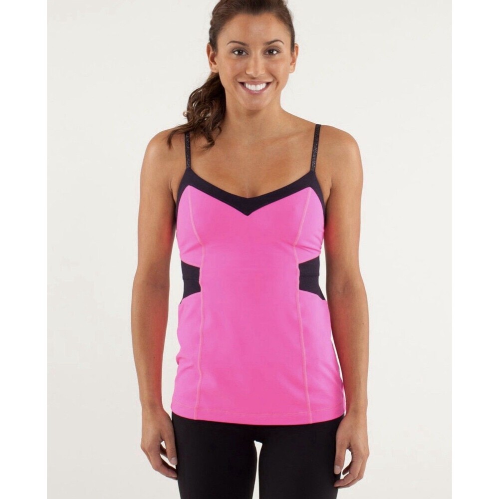 Lululemon Paris Pink Tank Top Black Sparkle Adjustable Strap Color Block Size 6 - Picture 10 of 10